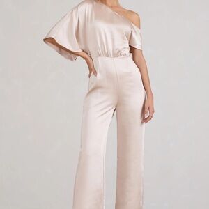CHAMPAGNE SATIN ASYMMETRIC FLARED-LEG JUMPSUIT